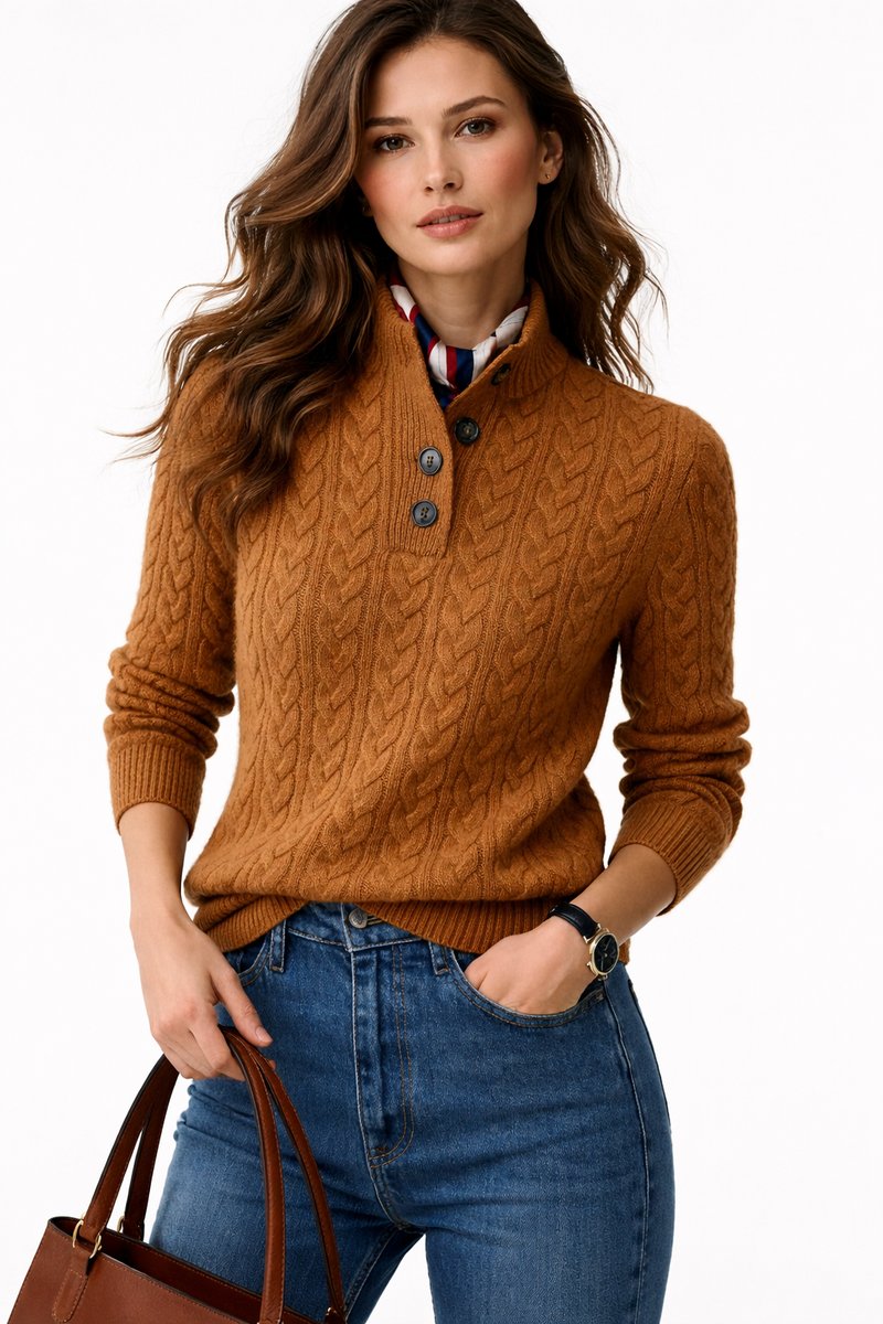 Yara | Dames Kabelgebreide Wolmix Sweater Opstaande Kraag Knopen