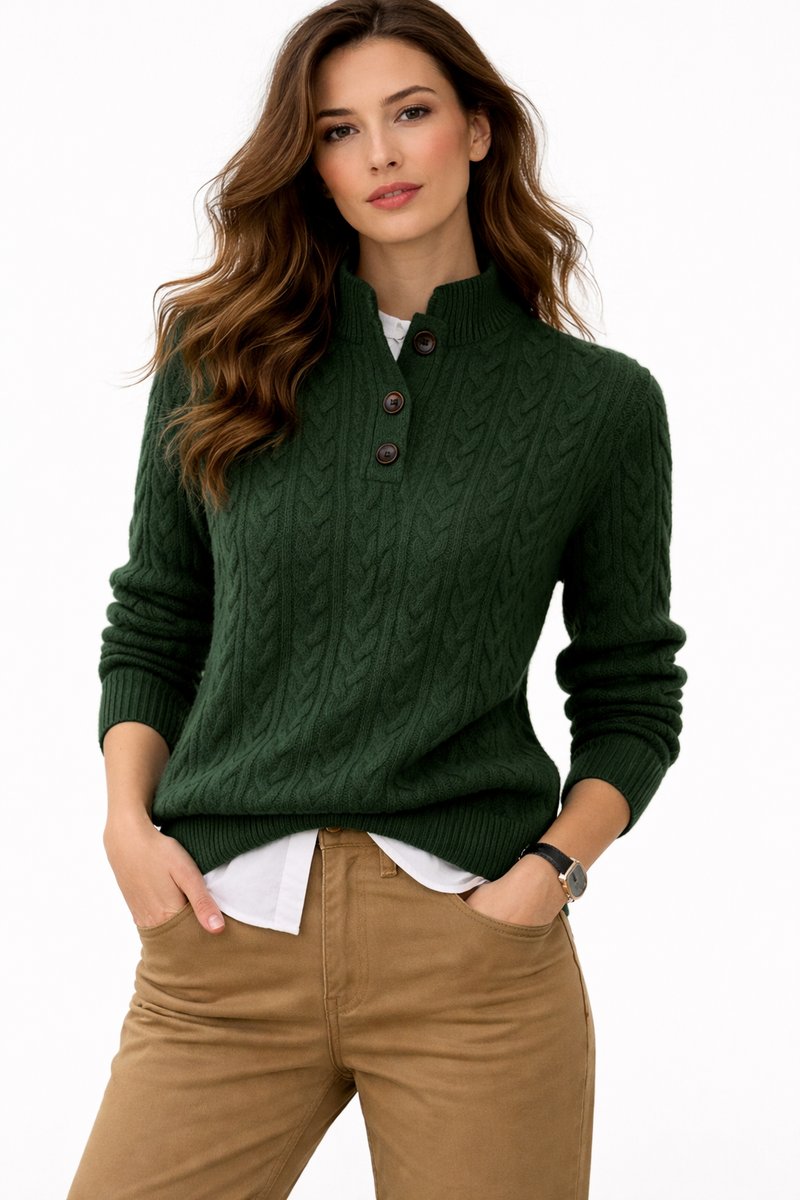 Yara | Dames Kabelgebreide Wolmix Sweater Opstaande Kraag Knopen