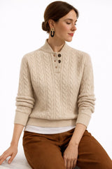 Yara | Dames Kabelgebreide Wolmix Sweater Opstaande Kraag Knopen