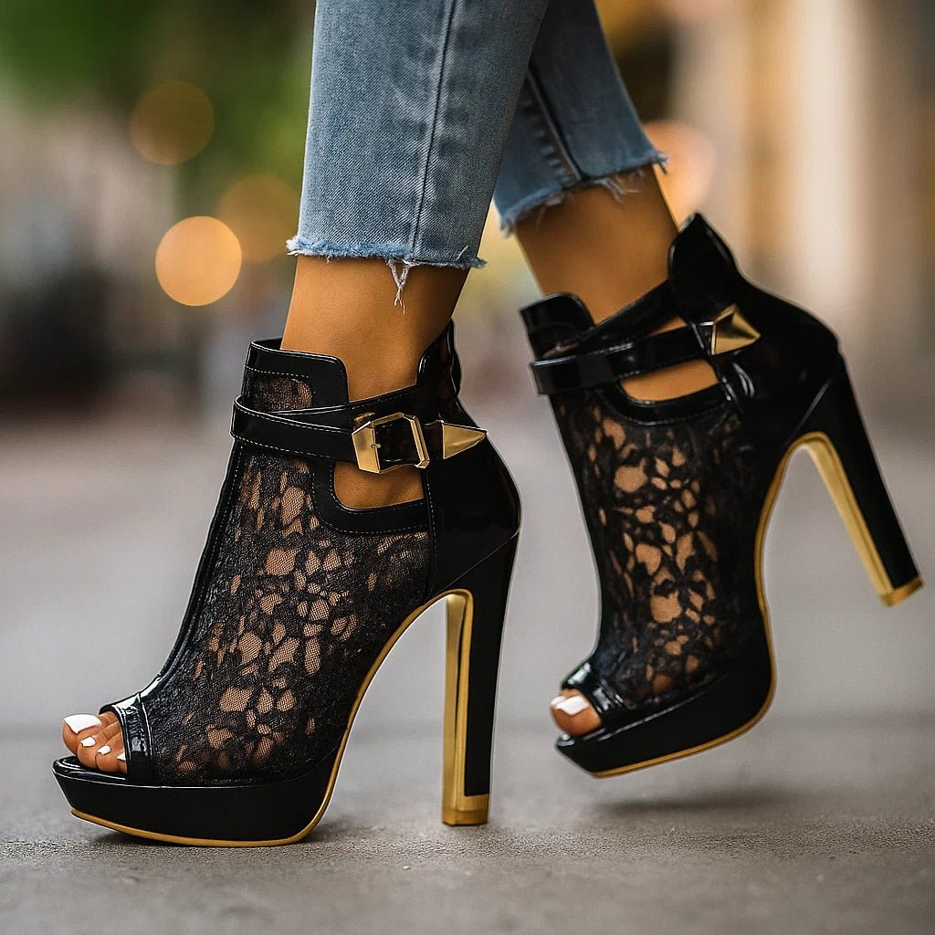 Femke | Dames Kant Peep-Toe Stiletto Hakken Enkelbandje Pumps