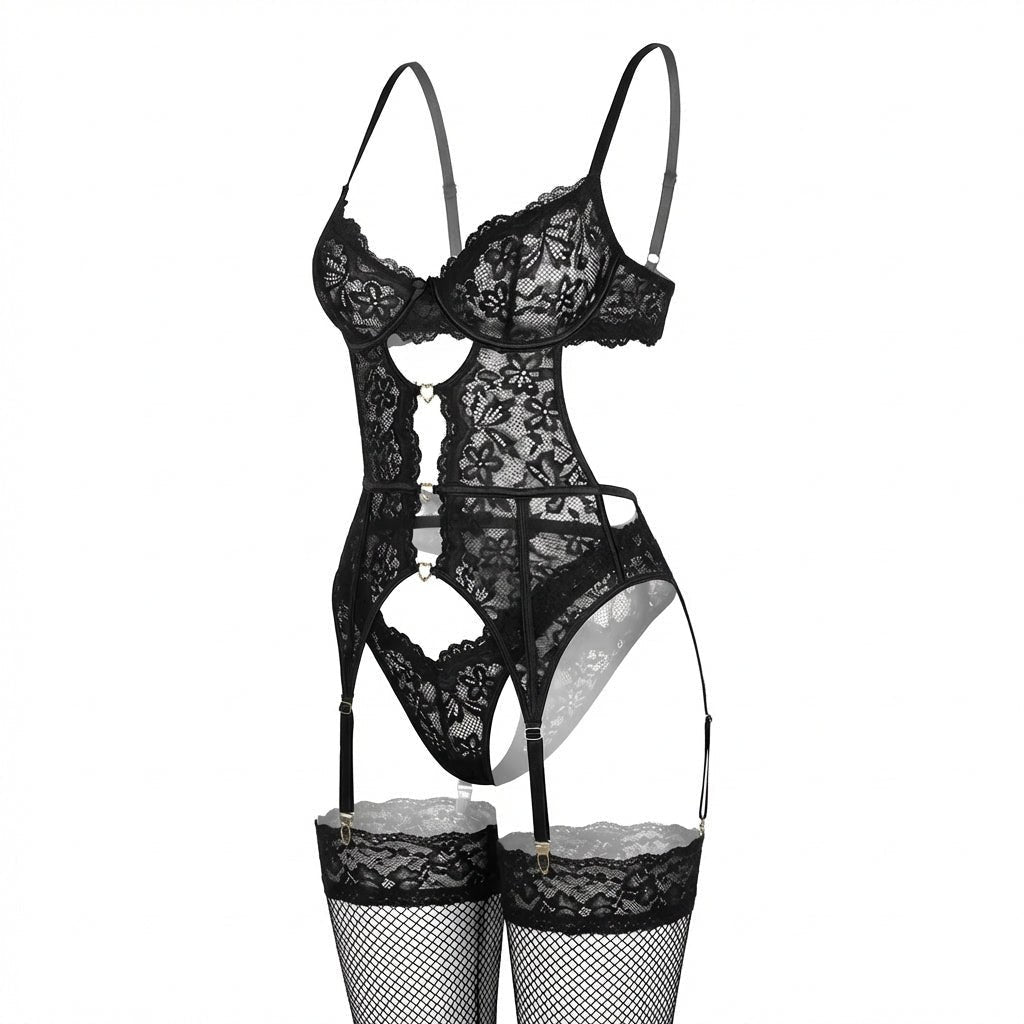 Eva | Dames Kanten Lingerie Set met Beugel BH Jarretellegordel Slip en Kousen