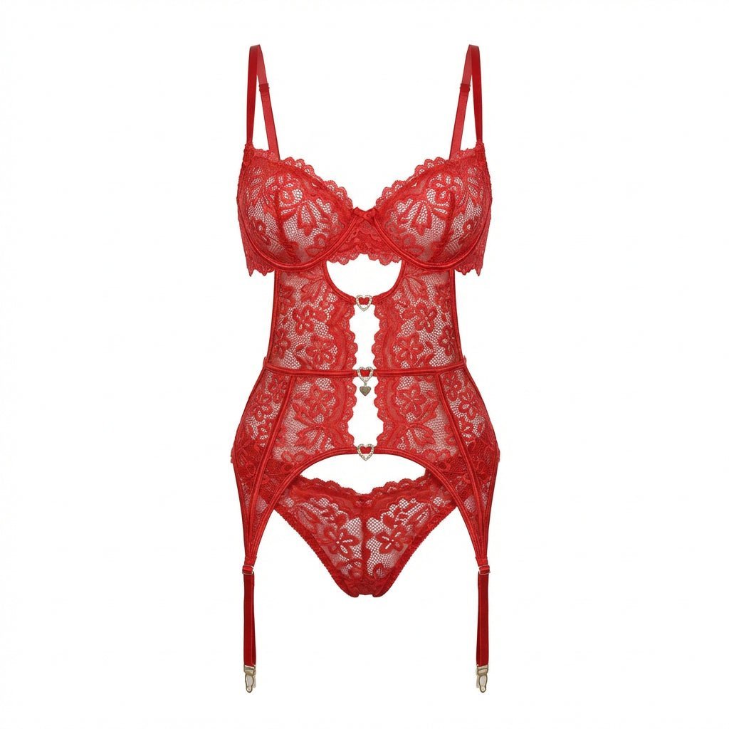 Eva | Dames Kanten Lingerie Set met Beugel BH Jarretellegordel Slip en Kousen