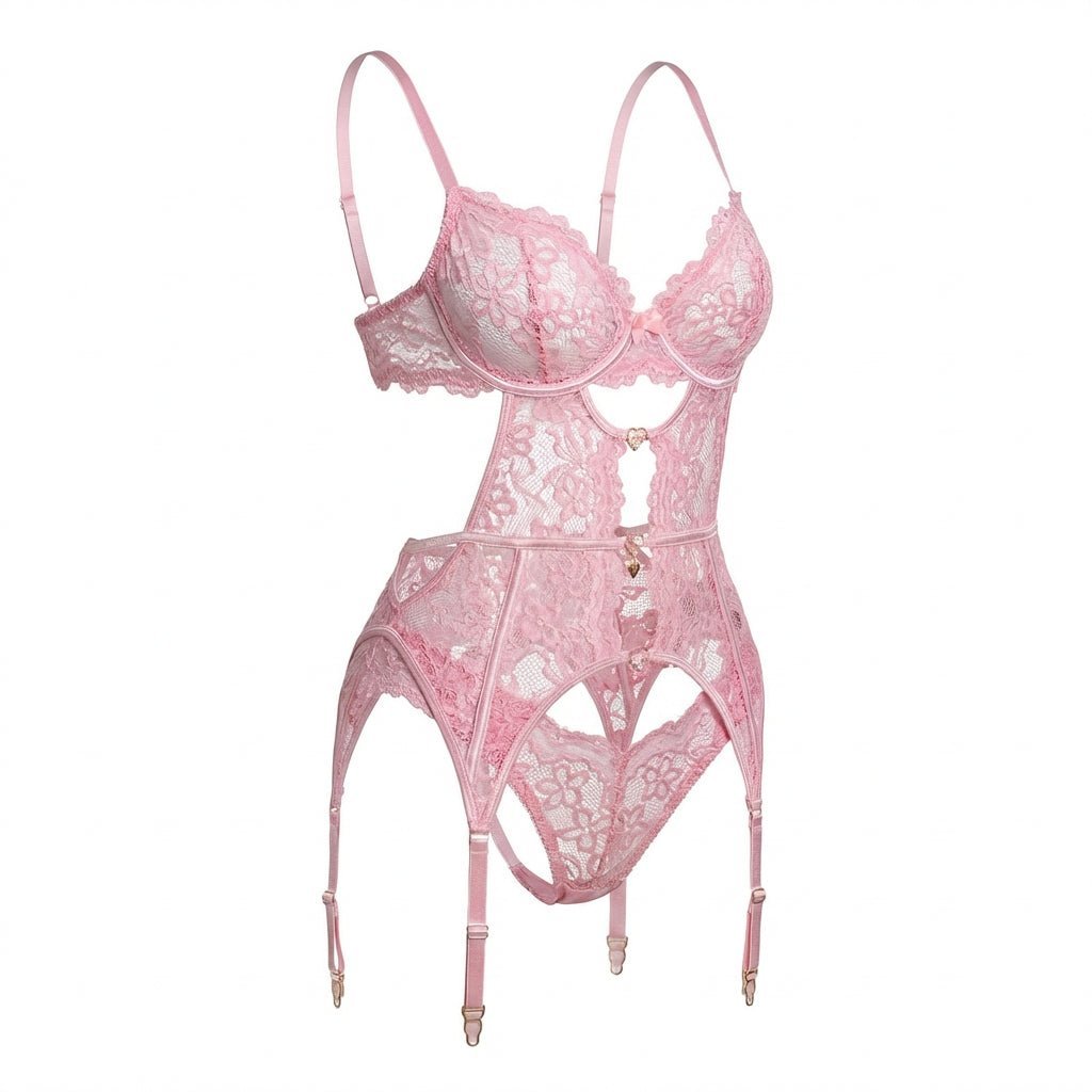 Eva | Dames Kanten Lingerie Set met Beugel BH Jarretellegordel Slip en Kousen