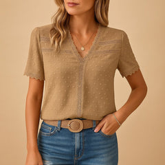 Femke | Dames Kanten V-hals Blouse Swiss Dot Korte Mouw