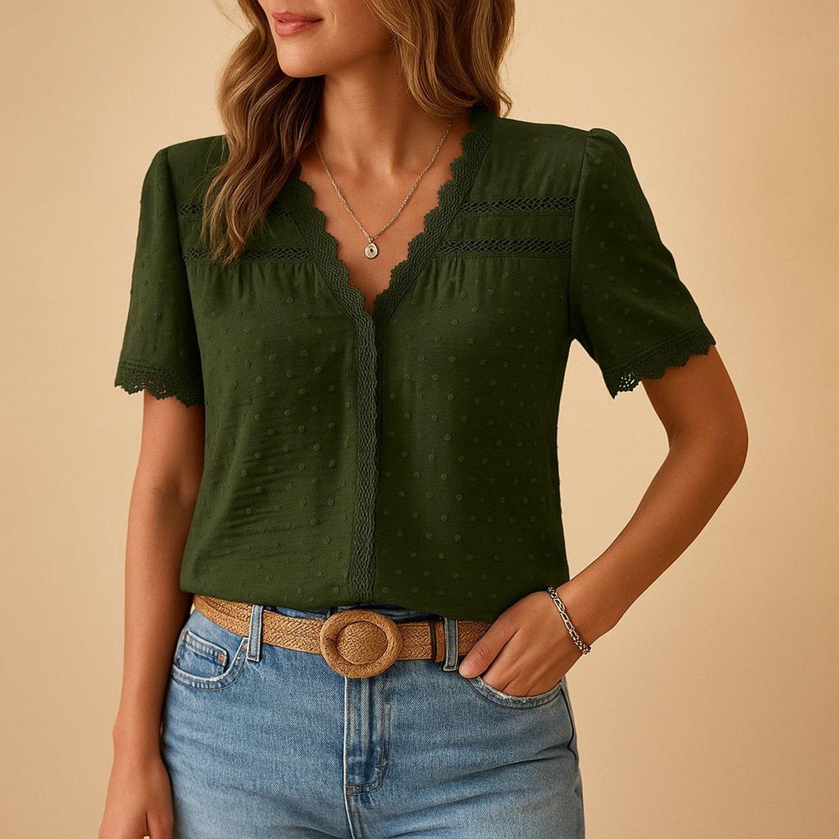 Femke | Dames Kanten V-hals Blouse Swiss Dot Korte Mouw