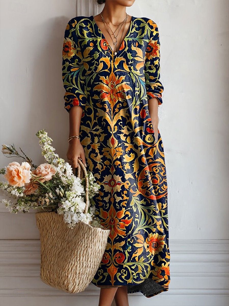 Julia | Dames Katoenen Barok V-hals Midi Jurk
