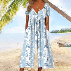 Sanne | Dames Katoenen Culotte Jumpsuit Knoopsluiting V-hals Korte Mouw