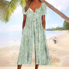 Sanne | Dames Katoenen Culotte Jumpsuit Knoopsluiting V-hals Korte Mouw