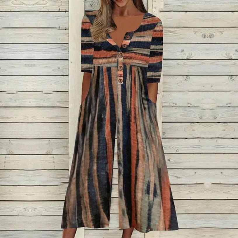 Sanne | Dames Katoenen Culotte Jumpsuit Knoopsluiting V-hals Korte Mouw