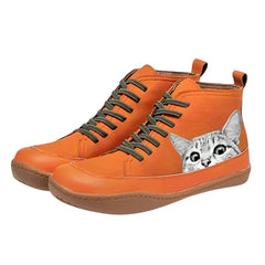 Sara | Dames Katten-Print Leren Ankle Boots met Vetersluiting
