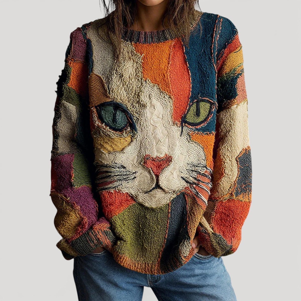 Olivia | Dames Kleurblok Kat Gebreide Trui Relaxed Fit Pullover