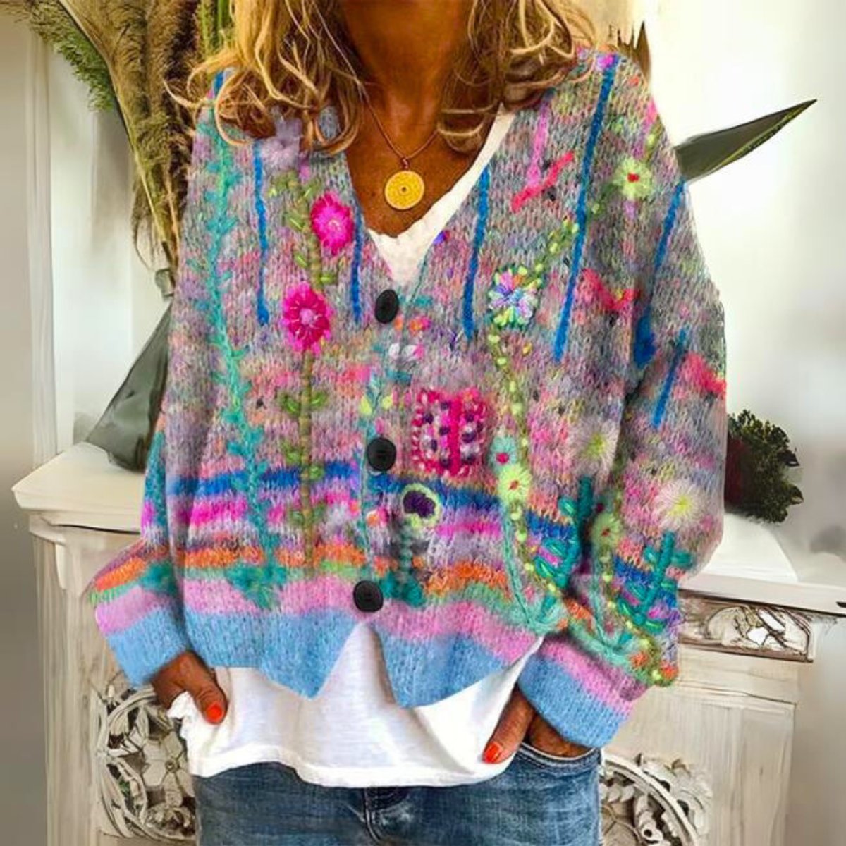 Nora | Dames Kleurrijke Gebloemde Knit Sweater Vest met Knopen