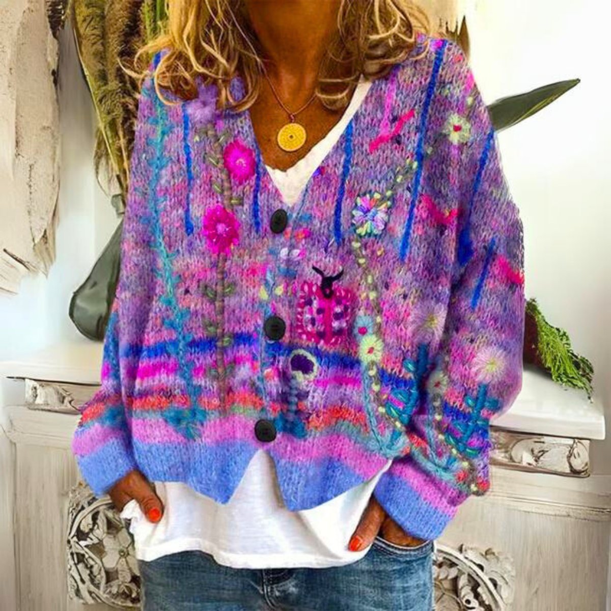 Nora | Dames Kleurrijke Gebloemde Knit Sweater Vest met Knopen