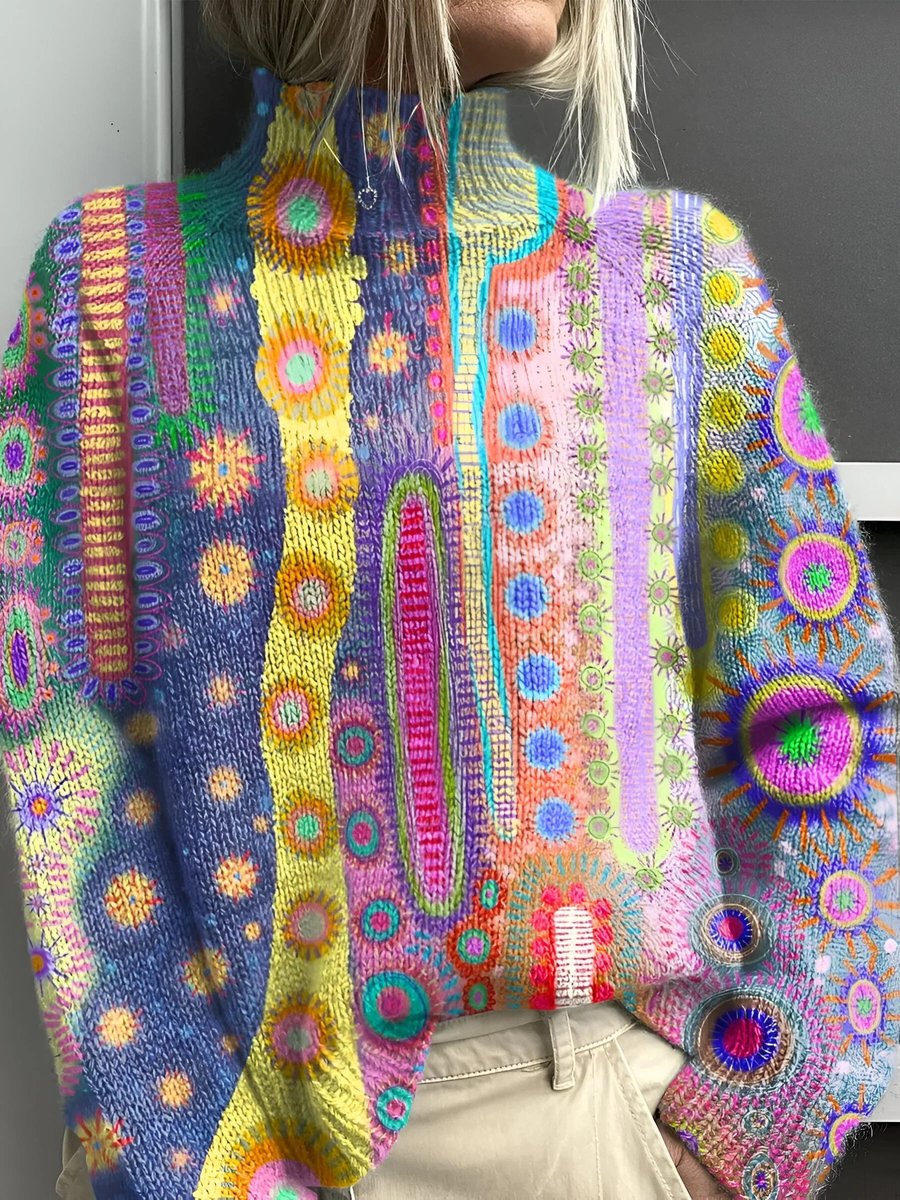 Mila | Dames Kleurrijke Gebreide Turtleneck Sweater Abstracte Print