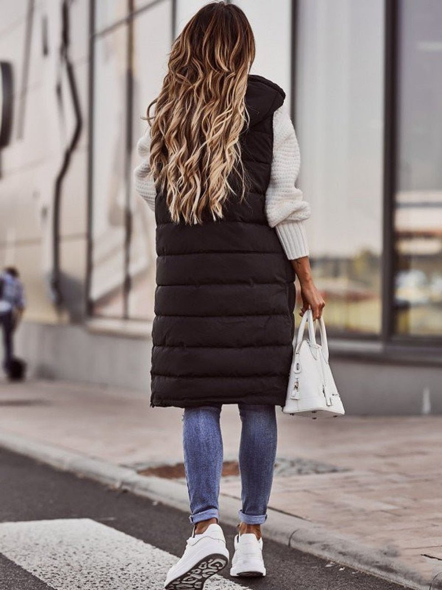 Elin | Dames Knielange Gewatteerde Puffer Vest Mouwloos Capuchon