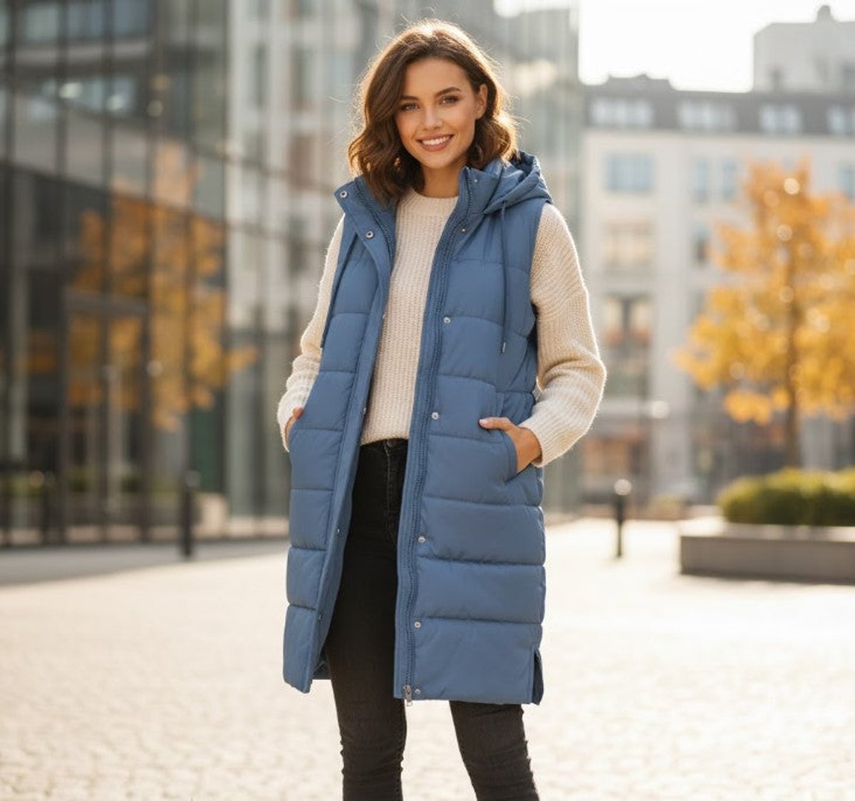 Elin | Dames Knielange Gewatteerde Puffer Vest Mouwloos Capuchon