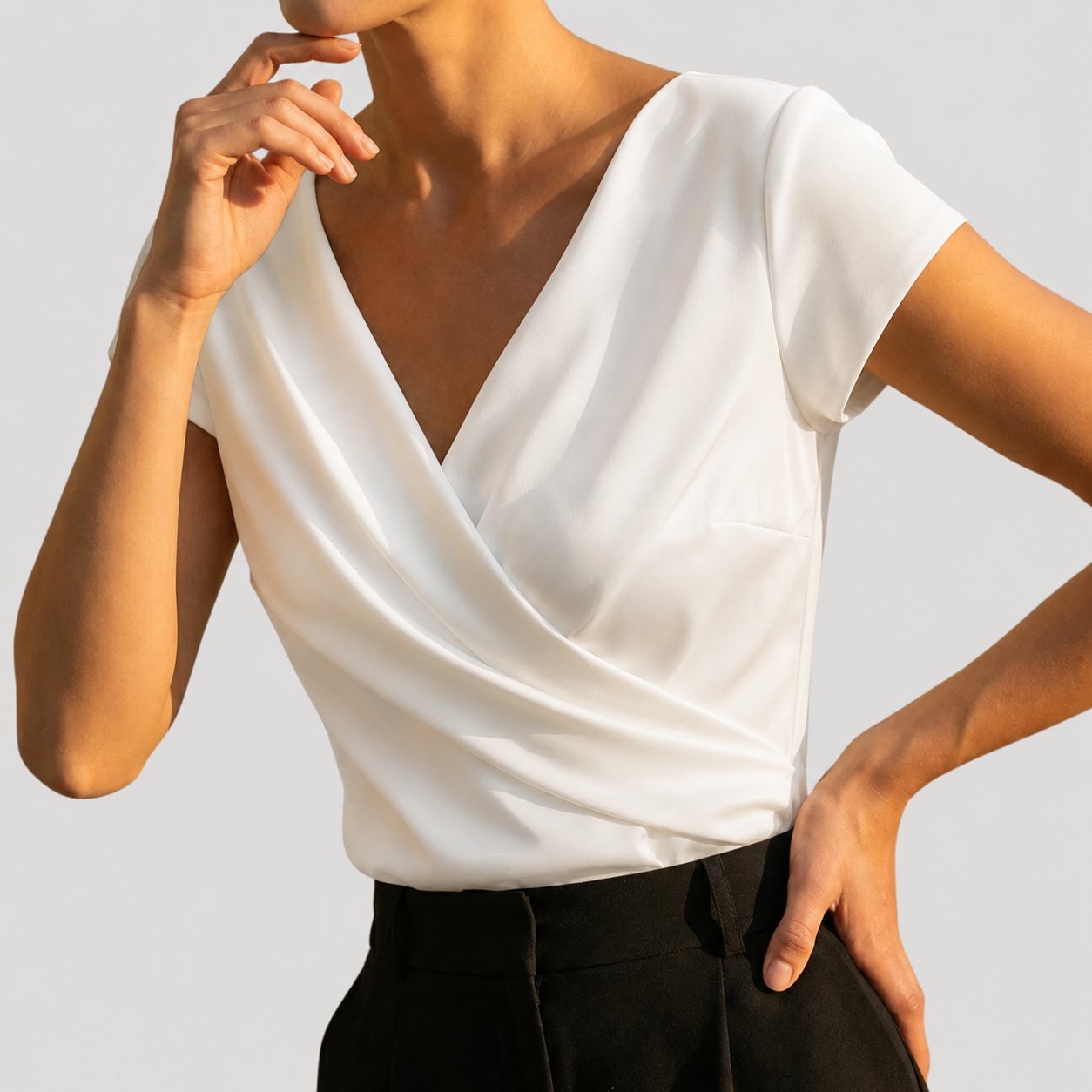 Nina | Dames Korte Mouw Gedrapeerde Wikkel V-hals Blouse Top