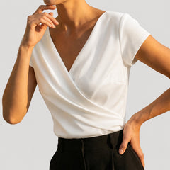Nina | Dames Korte Mouw Gedrapeerde Wikkel V-hals Blouse Top