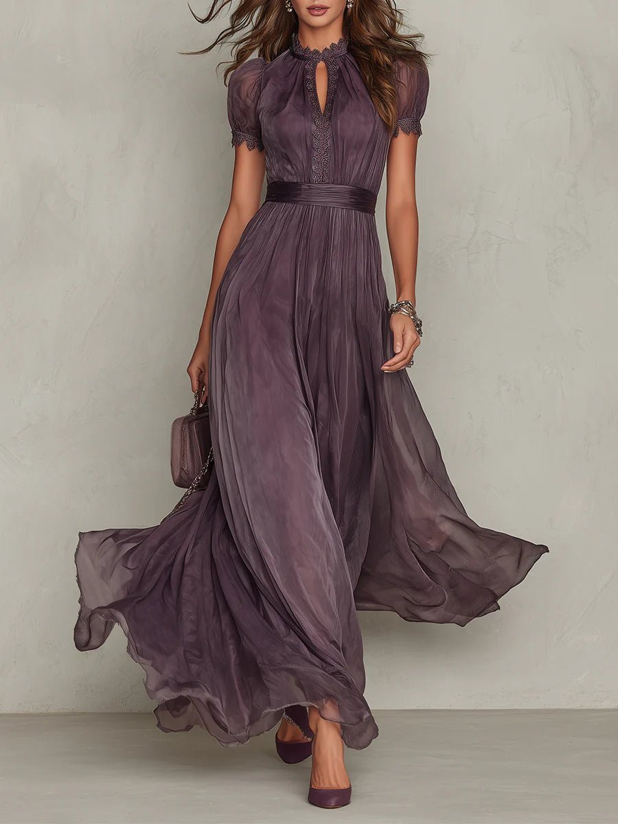 Julia | Dames Korte Mouw Kanten Chiffon Maxi Jurk Sleutelgat Hals