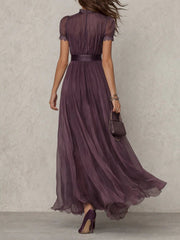 Julia | Dames Korte Mouw Kanten Chiffon Maxi Jurk Sleutelgat Hals