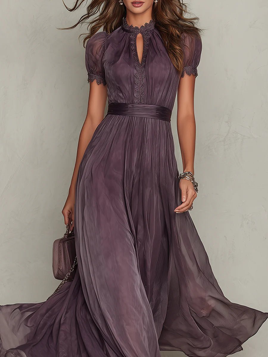 Julia | Dames Korte Mouw Kanten Chiffon Maxi Jurk Sleutelgat Hals