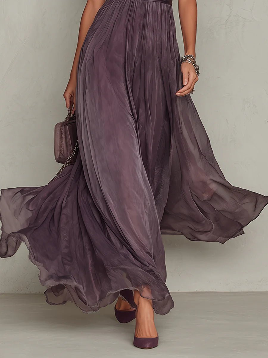 Julia | Dames Korte Mouw Kanten Chiffon Maxi Jurk Sleutelgat Hals