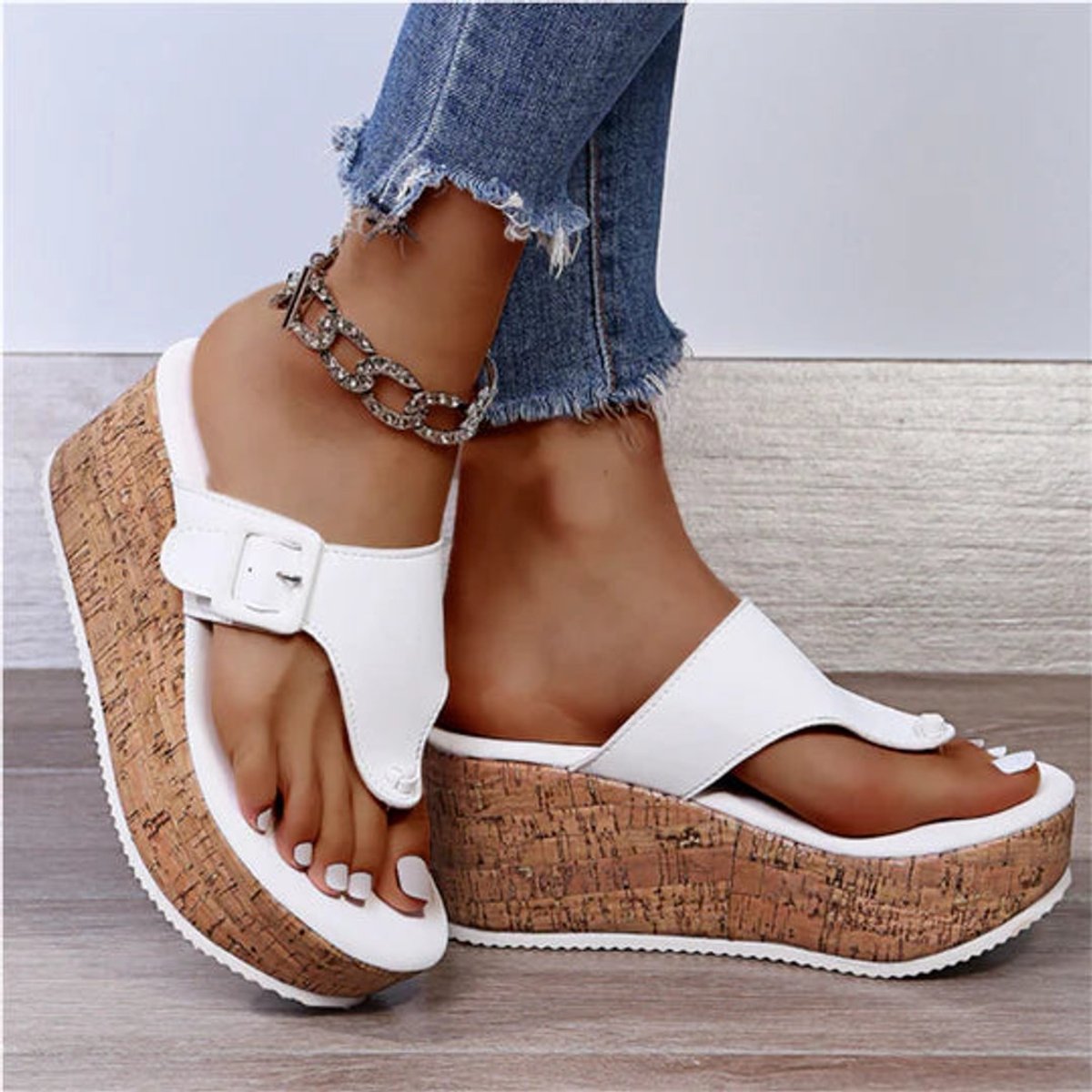 Tessa | Dames Kurk Sleehak Comfortabele Sandalen Teenslippers Gesp