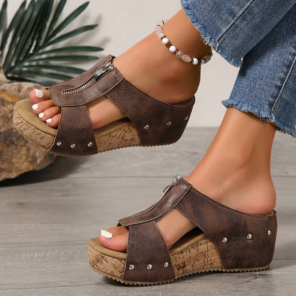 Lotte | Dames Kurk Sleehak Open-Teen Rits Comfortable Sandals