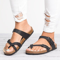 Eva | Dames Kurk Voetbed Teenring Gesp Platte Sandalen