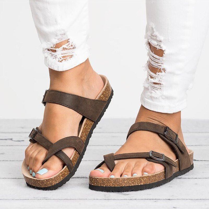 Eva | Dames Kurk Voetbed Teenring Gesp Platte Sandalen