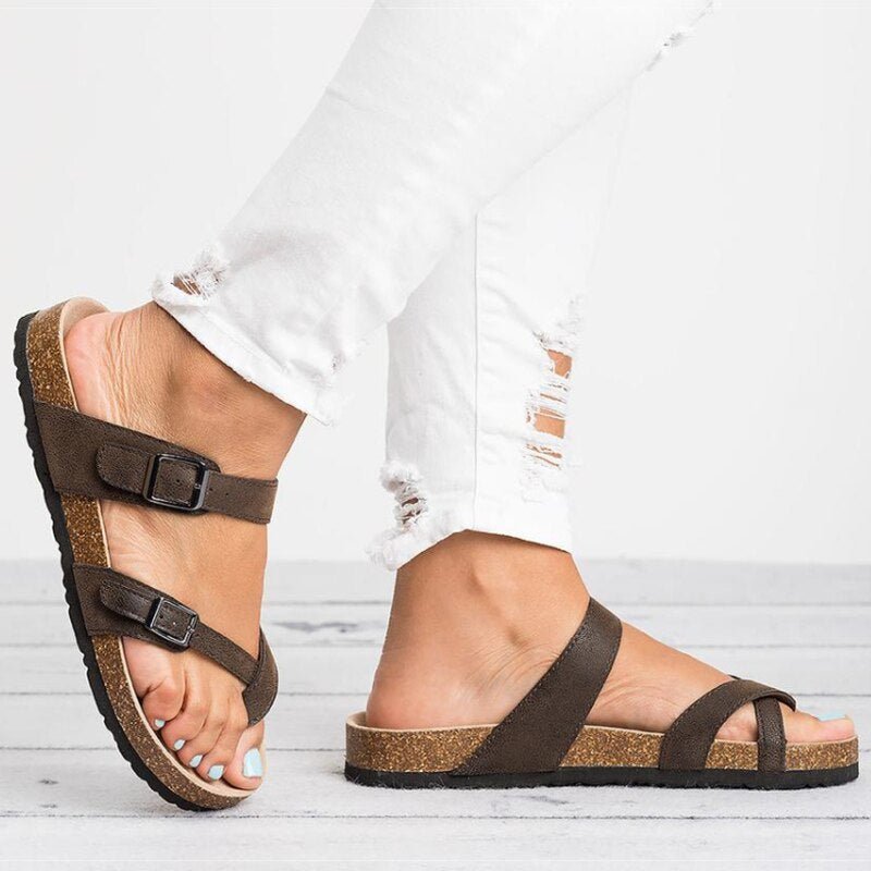 Eva | Dames Kurk Voetbed Teenring Gesp Platte Sandalen