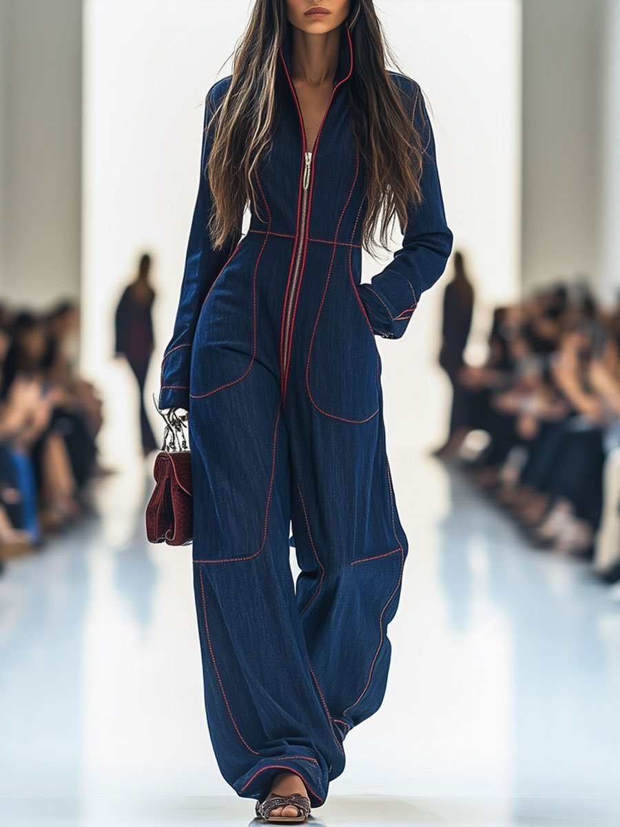 Eva | Dames Langarm Ritssluiting Wide Leg Pants Jumpsuit