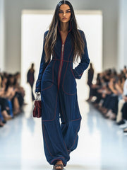 Eva | Dames Langarm Ritssluiting Wide Leg Pants Jumpsuit