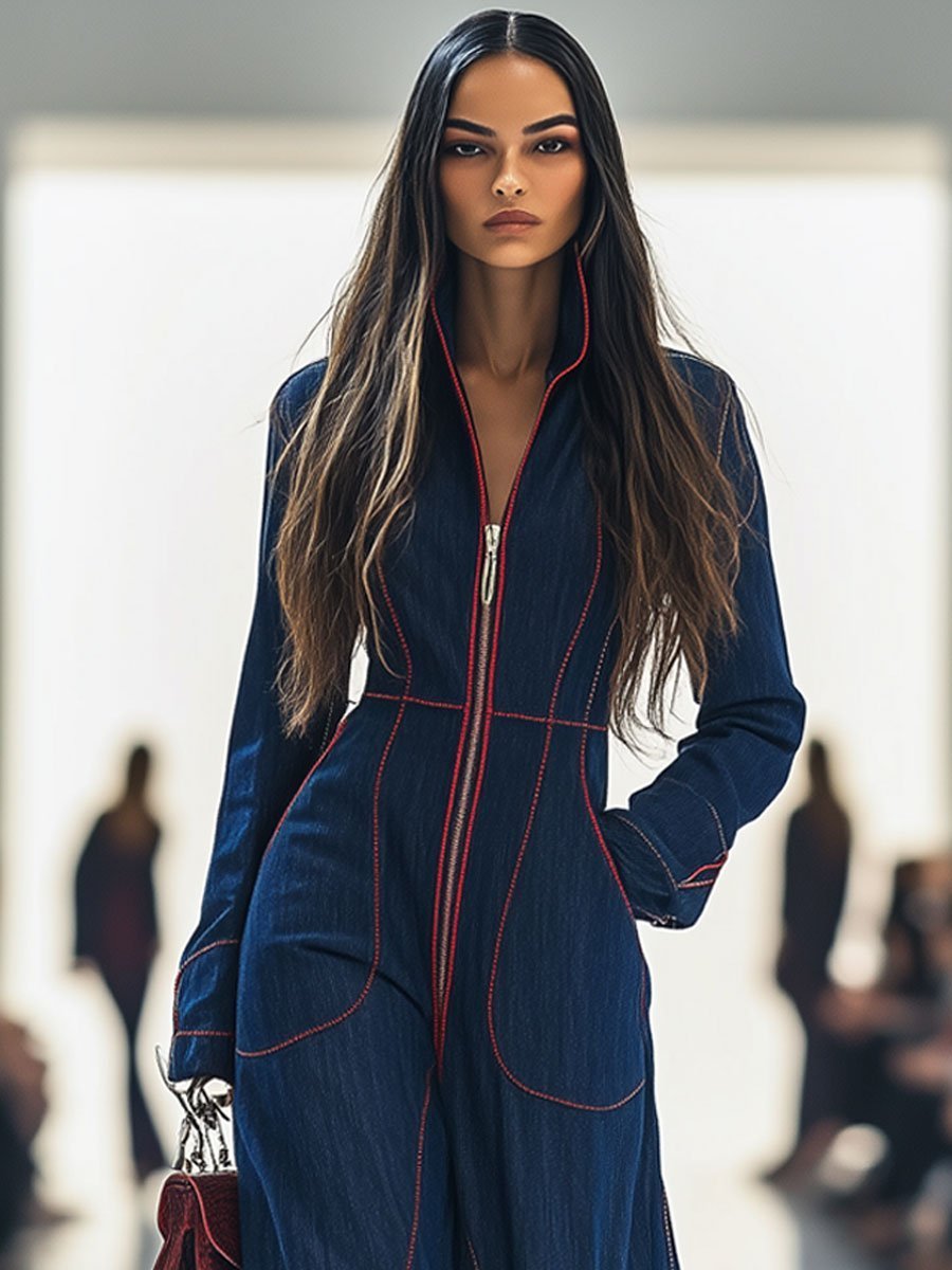 Eva | Dames Langarm Ritssluiting Wide Leg Pants Jumpsuit
