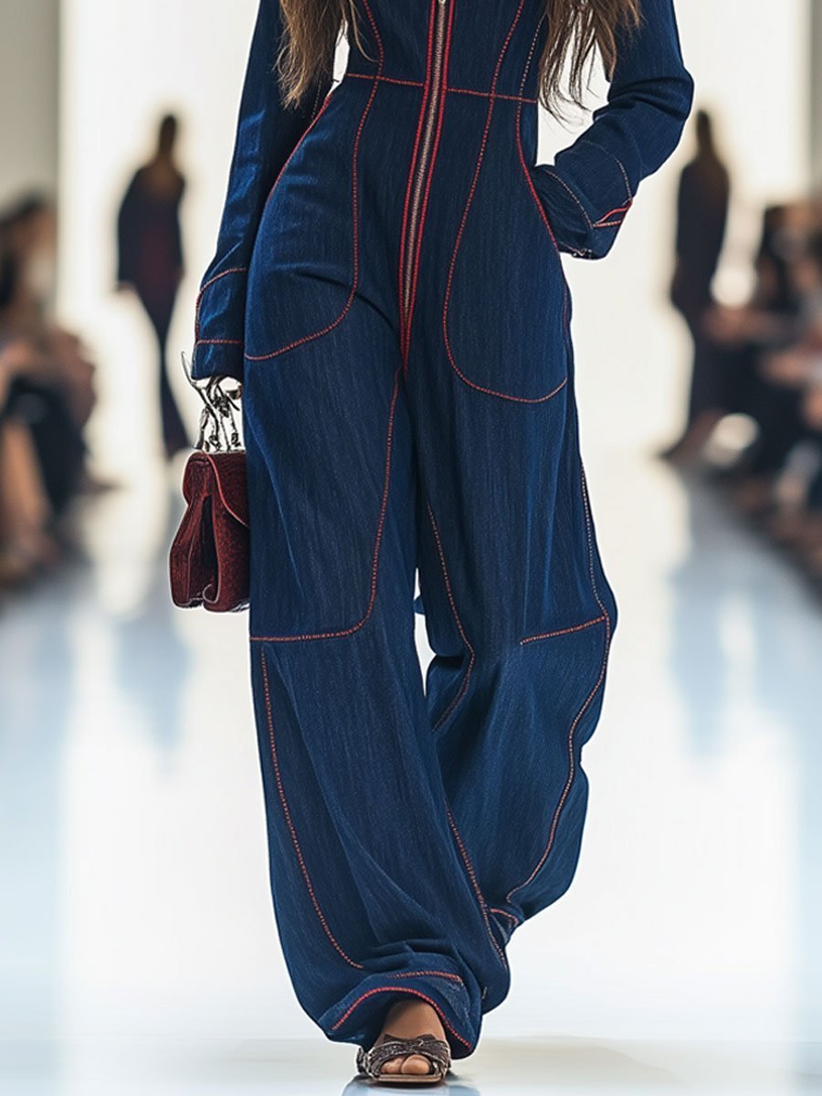 Eva | Dames Langarm Ritssluiting Wide Leg Pants Jumpsuit