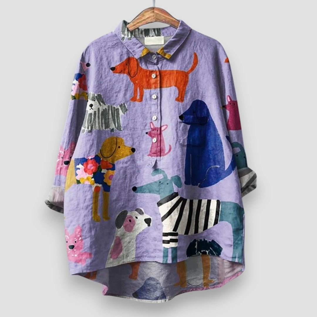 Nora | Dames Lange Mouw Hondenprint Button-Up Overhemd