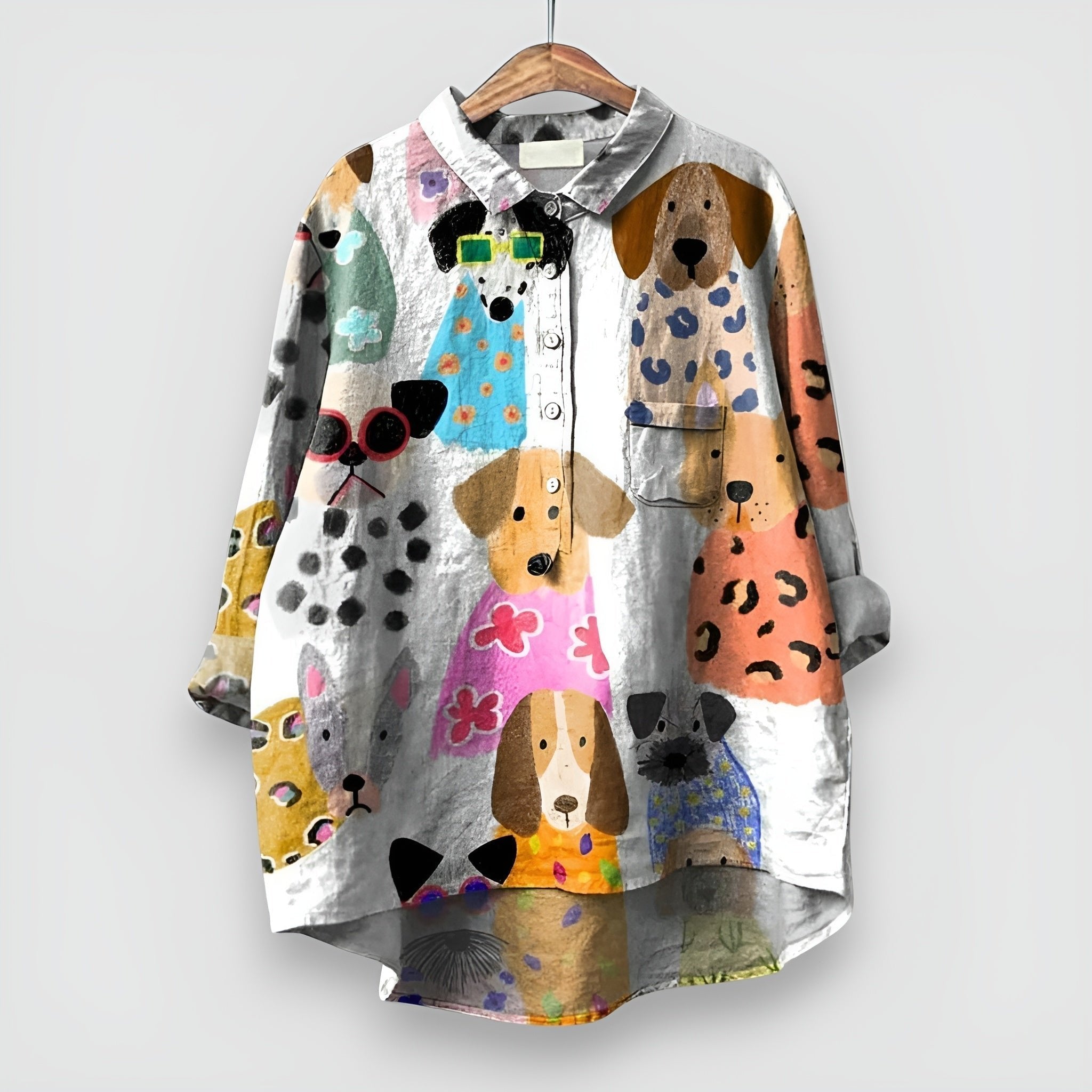 Nora | Dames Lange Mouw Hondenprint Button-Up Overhemd