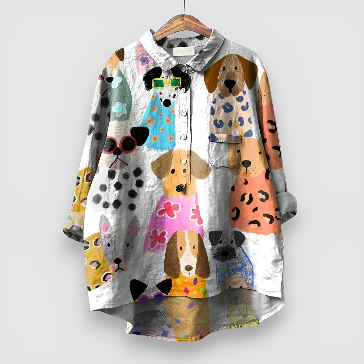 Nora | Dames Lange Mouw Hondenprint Button-Up Overhemd