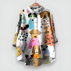 Nora | Dames Lange Mouw Hondenprint Button-Up Overhemd