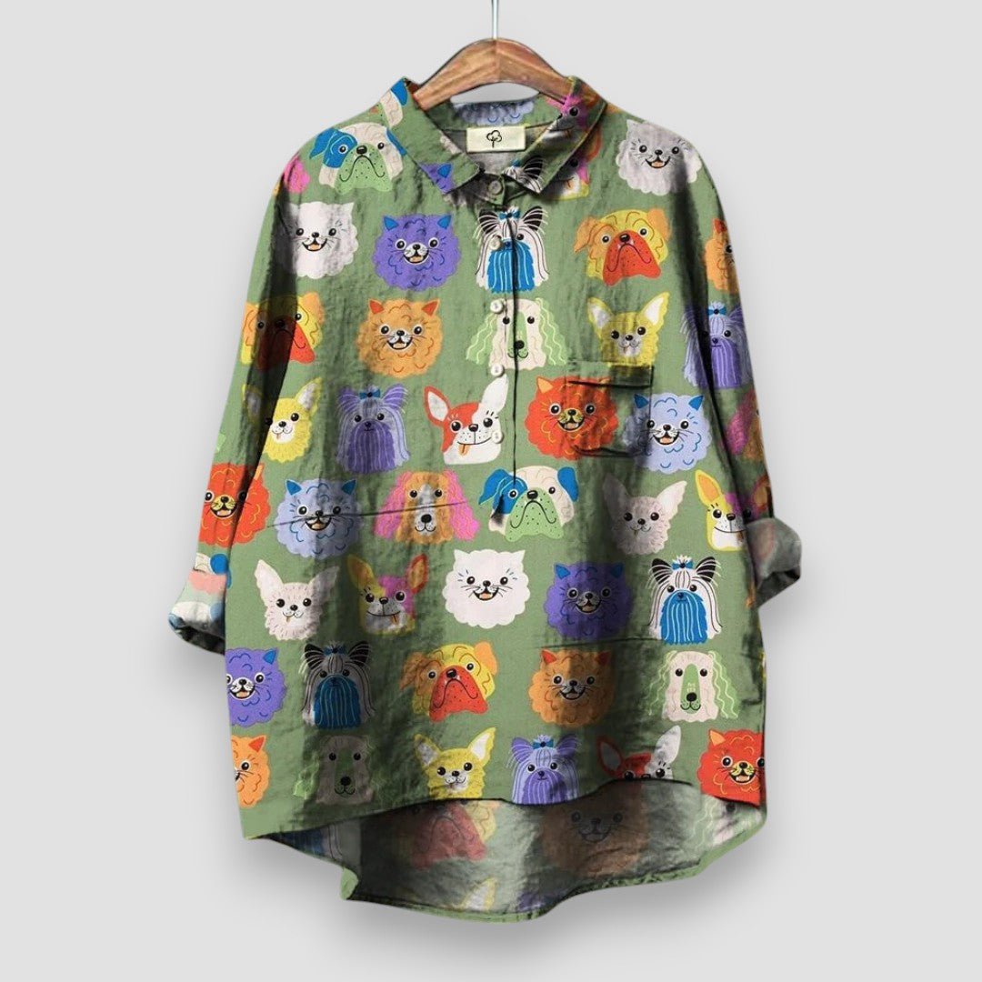 Nora | Dames Lange Mouw Hondenprint Button-Up Overhemd