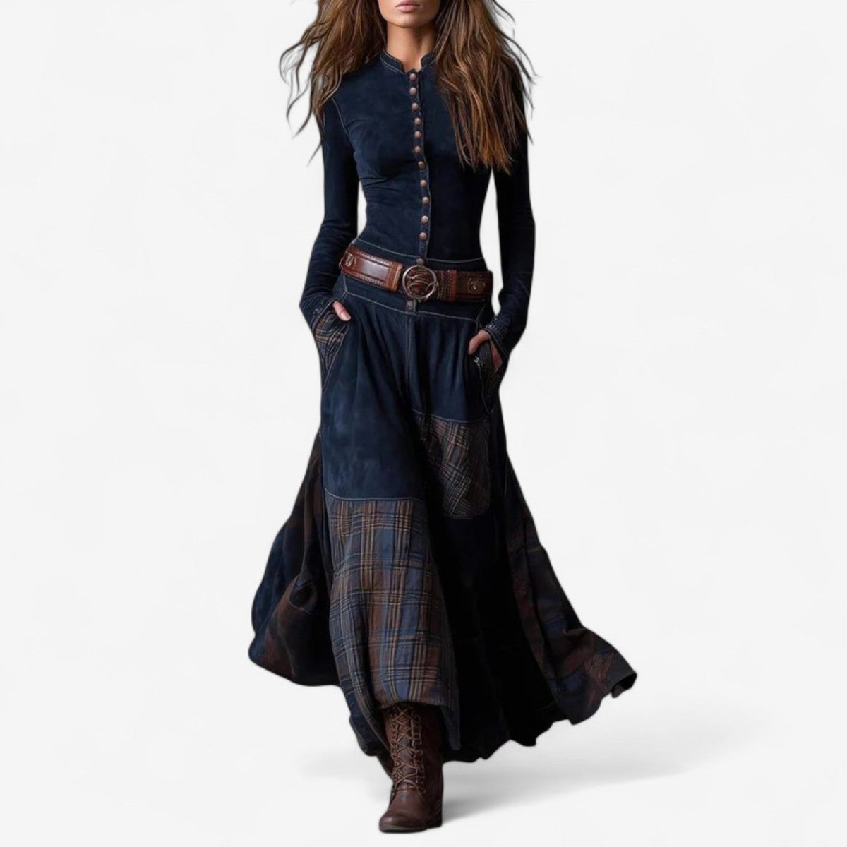 Yara | Dames Lange Mouw Jurk Patchwork Maxi Wildleer Knoop