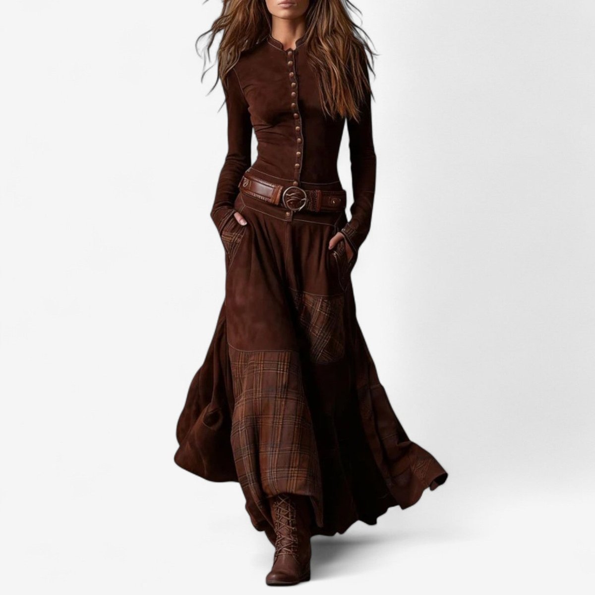 Yara | Dames Lange Mouw Jurk Patchwork Maxi Wildleer Knoop