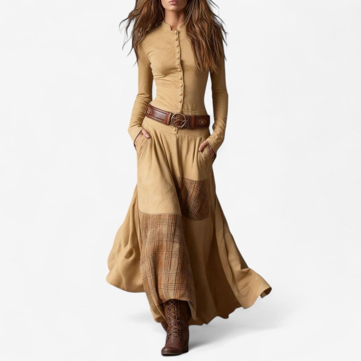 Yara | Dames Lange Mouw Jurk Patchwork Maxi Wildleer Knoop