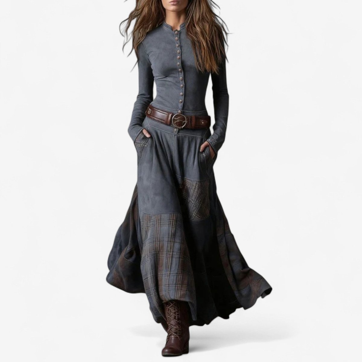 Yara | Dames Lange Mouw Jurk Patchwork Maxi Wildleer Knoop