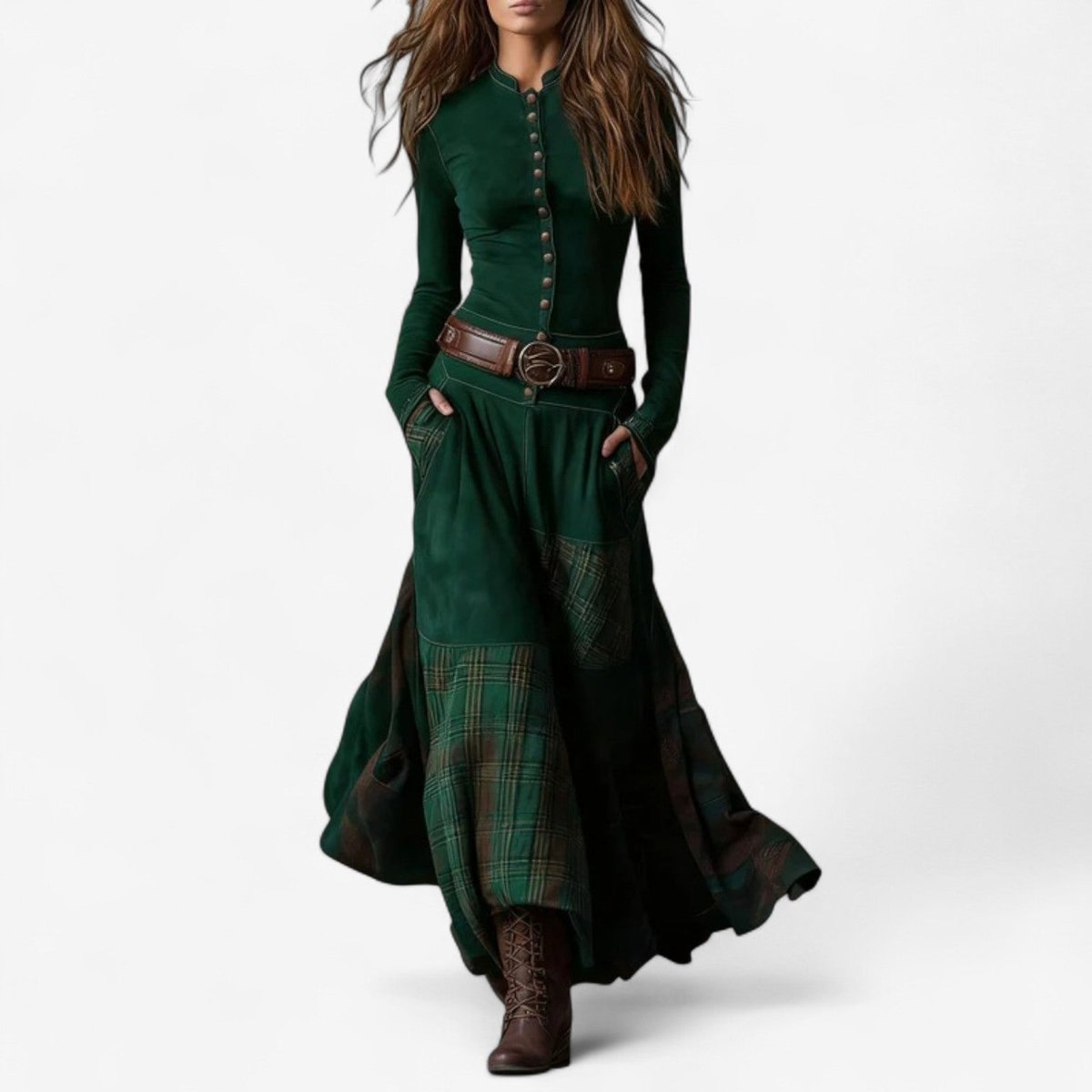 Yara | Dames Lange Mouw Jurk Patchwork Maxi Wildleer Knoop