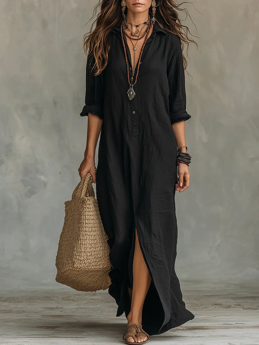 Lieke | Dames Lange Mouwen Maxi Blousejurk Luchtige Knoop Overhemdsjurk