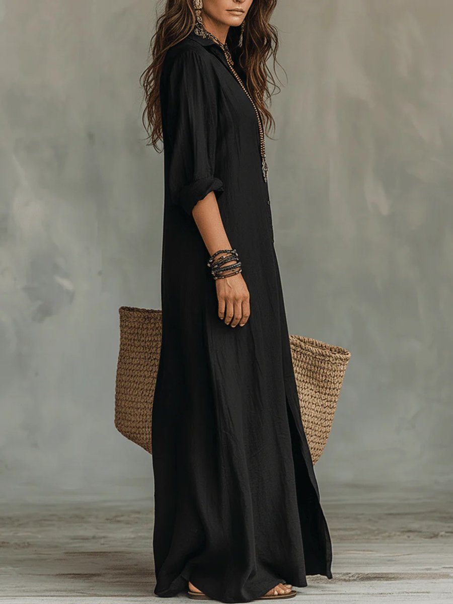 Lieke | Dames Lange Mouwen Maxi Blousejurk Luchtige Knoop Overhemdsjurk