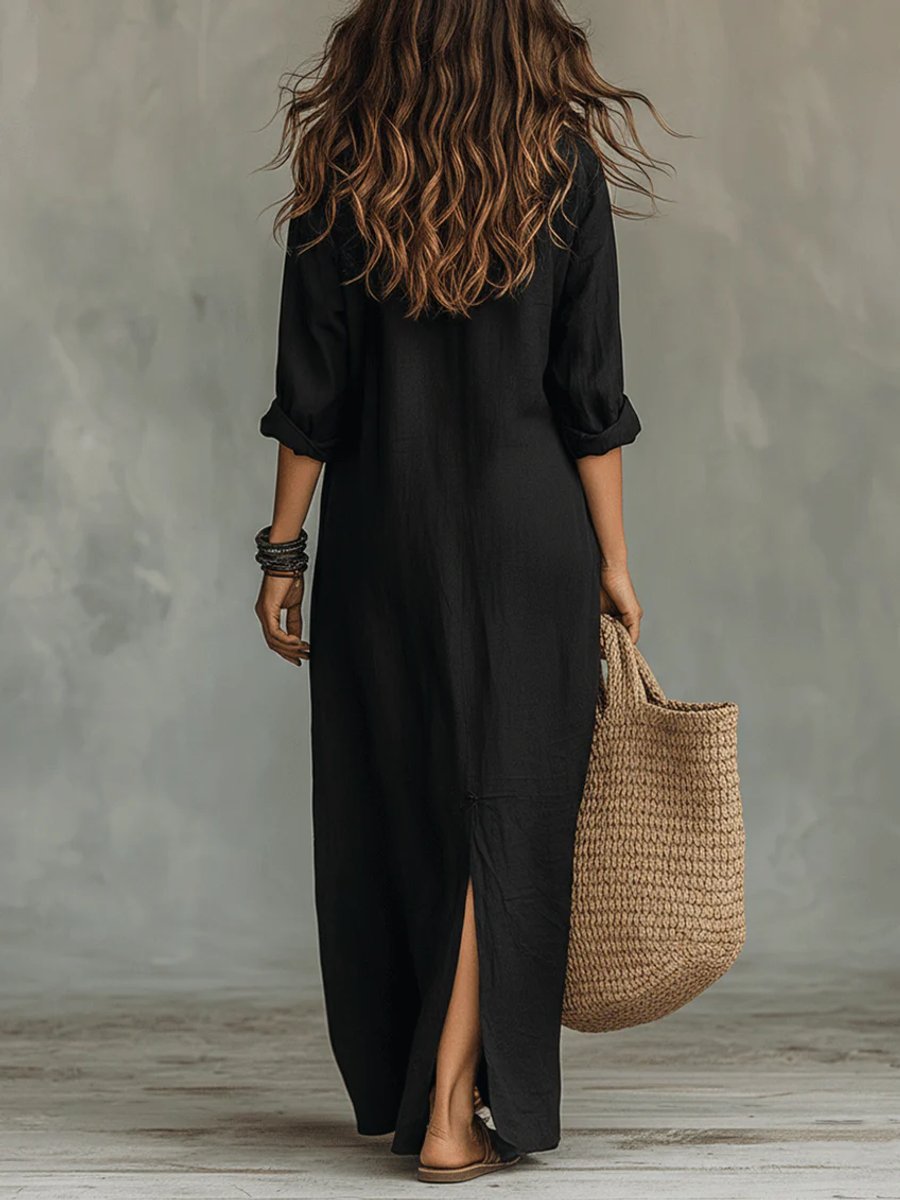 Lieke | Dames Lange Mouwen Maxi Blousejurk Luchtige Knoop Overhemdsjurk
