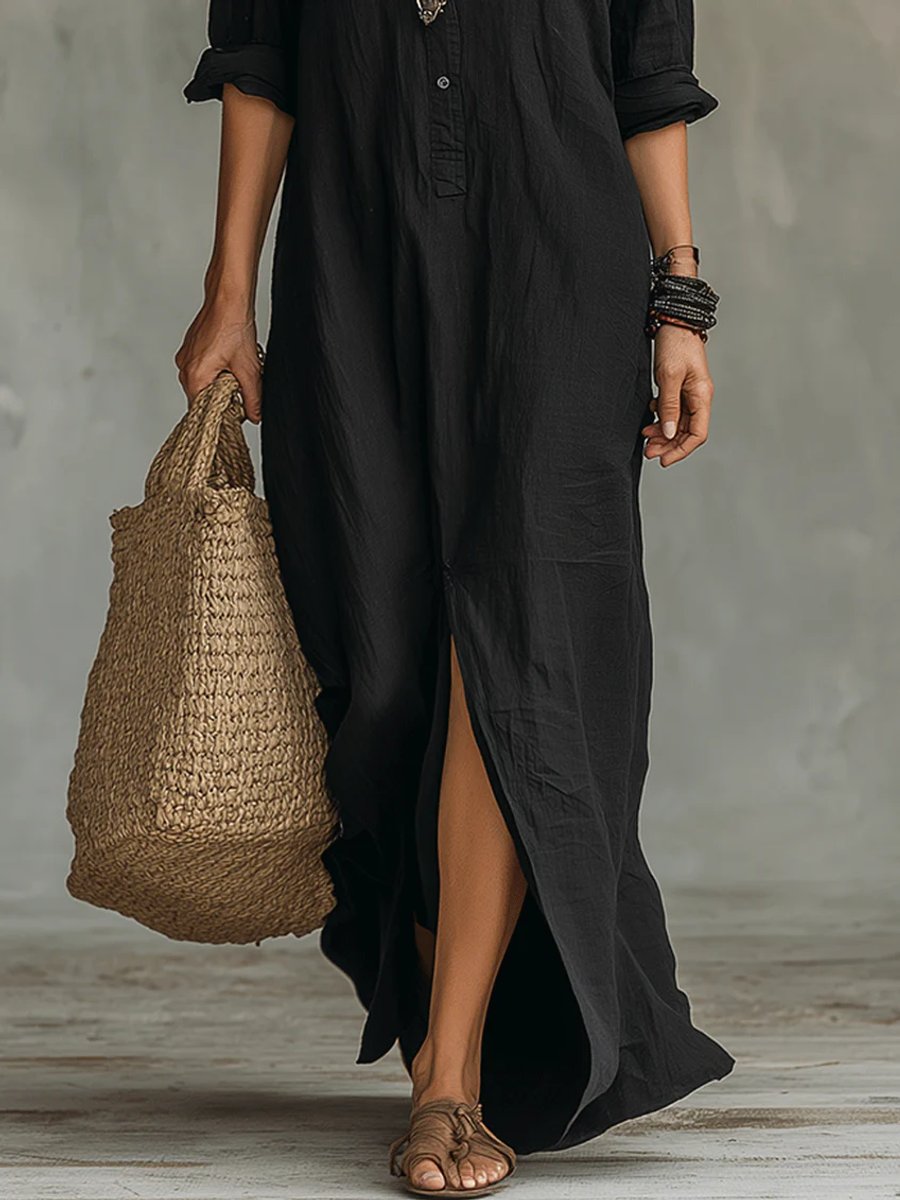 Lieke | Dames Lange Mouwen Maxi Blousejurk Luchtige Knoop Overhemdsjurk