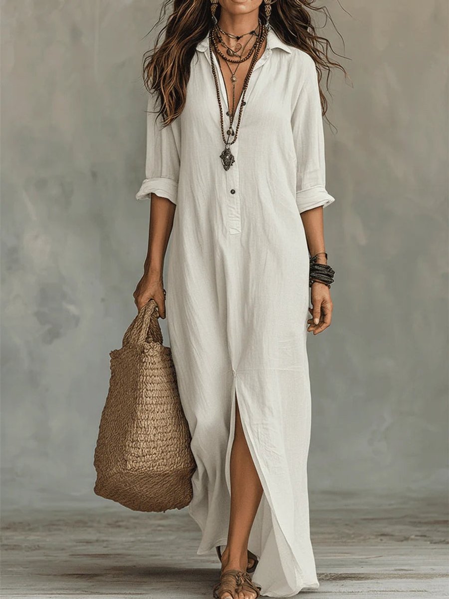 Lieke | Dames Lange Mouwen Maxi Blousejurk Luchtige Knoop Overhemdsjurk